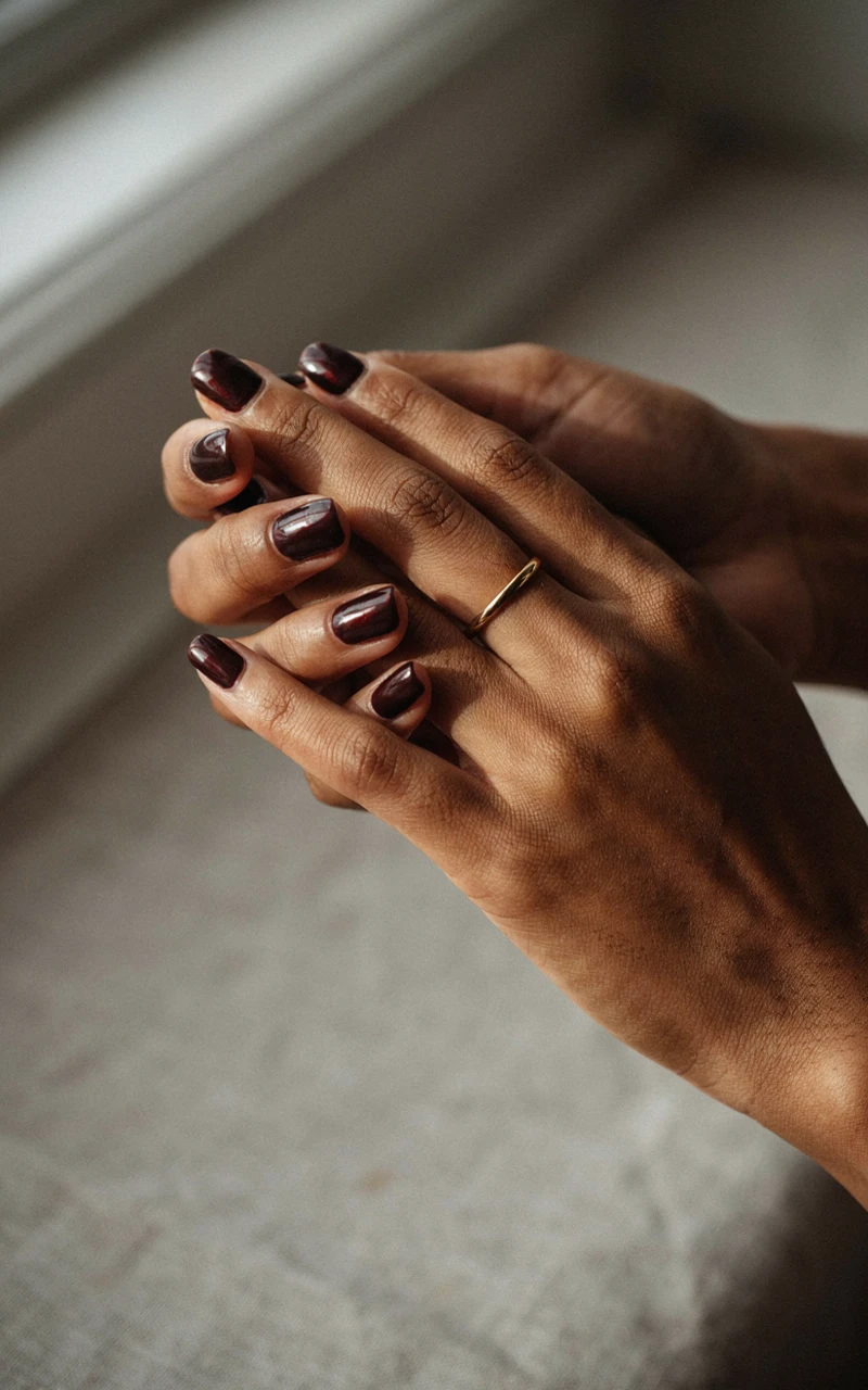 13 Almond Fall Nail Ideas That Look Elegant and Trendy 12 A dark brown woman's hand adjusting a gold ring with dark black cherry chrome almond nails.