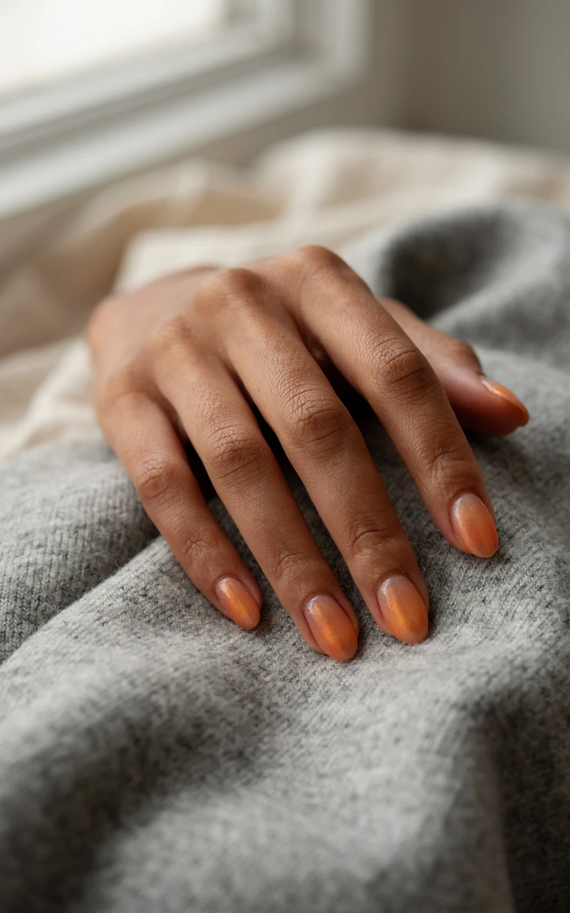 13 Almond Fall Nail Ideas That Look Elegant and Trendy 14 A dark brown woman's hand on a gray scarf with orange and brown aura gradient almond nails.