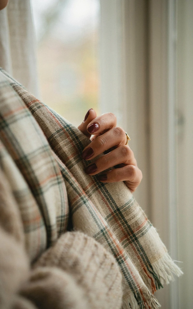 13 Almond Fall Nail Ideas That Look Elegant and Trendy 4 A dark brown woman's hand adjusting a plaid scarf with glossy deep burgundy almond nails.