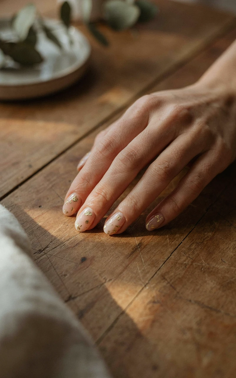13 Almond Fall Nail Ideas That Look Elegant and Trendy 5 A dark brown woman's hand on a wooden table with nude almond nails featuring gold foil accents.