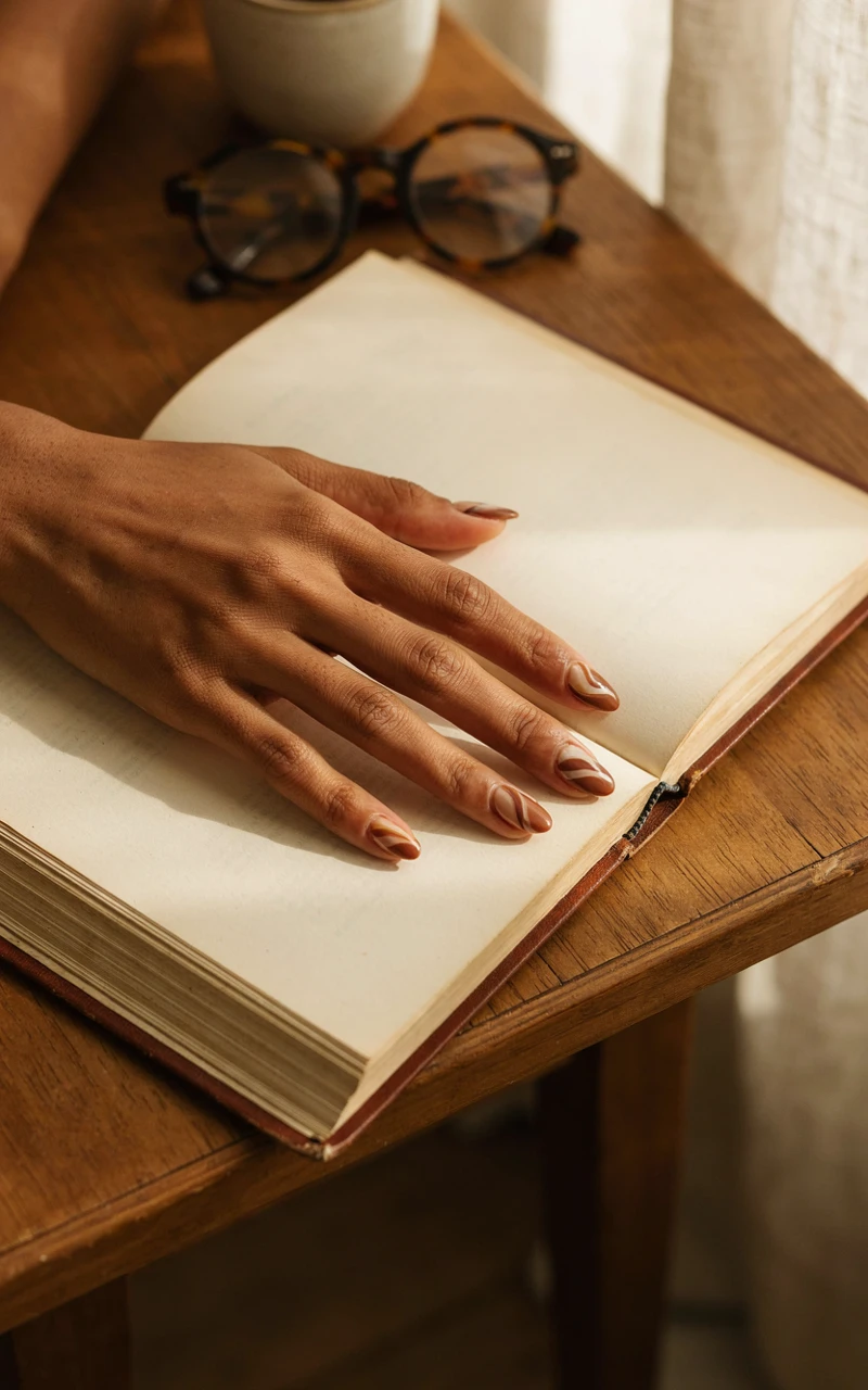 13 Almond Fall Nail Ideas That Look Elegant and Trendy 7 A dark brown woman's hand resting on a book with mocha and cream swirl designs on her almond nails.