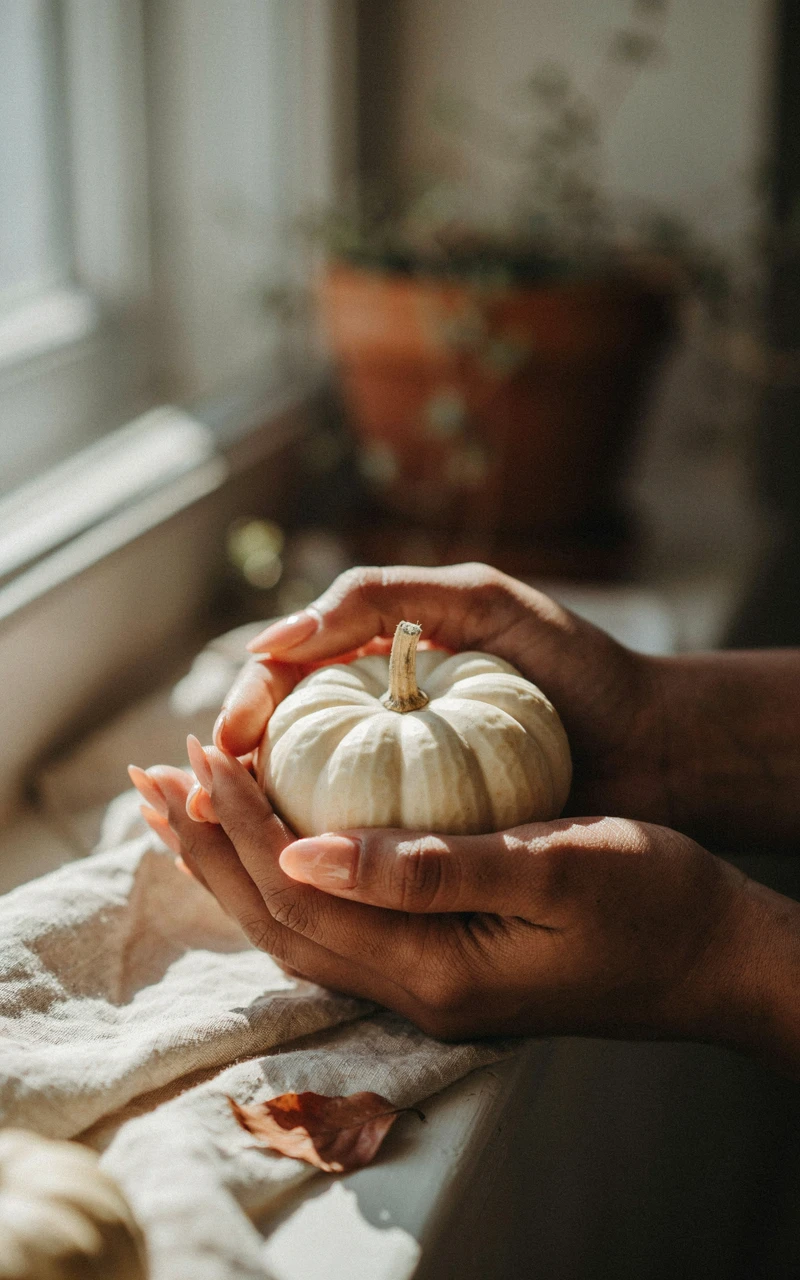 13 Almond Fall Nail Ideas That Look Elegant and Trendy 8 A dark brown woman's hand holding a white pumpkin with cinnamon to nude ombre almond nails.