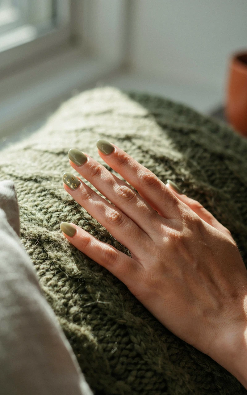 13 Almond Fall Nail Ideas That Look Elegant and Trendy 9 A dark brown woman's hand on a green blanket with olive green almond nails and gold flakes.