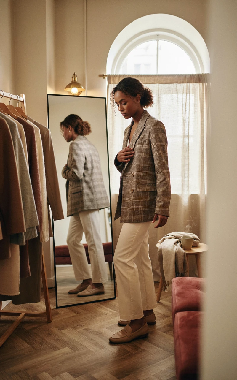 A dark brown woman trying on an oversized plaid blazer in front of a mirror to check the relaxed fit.