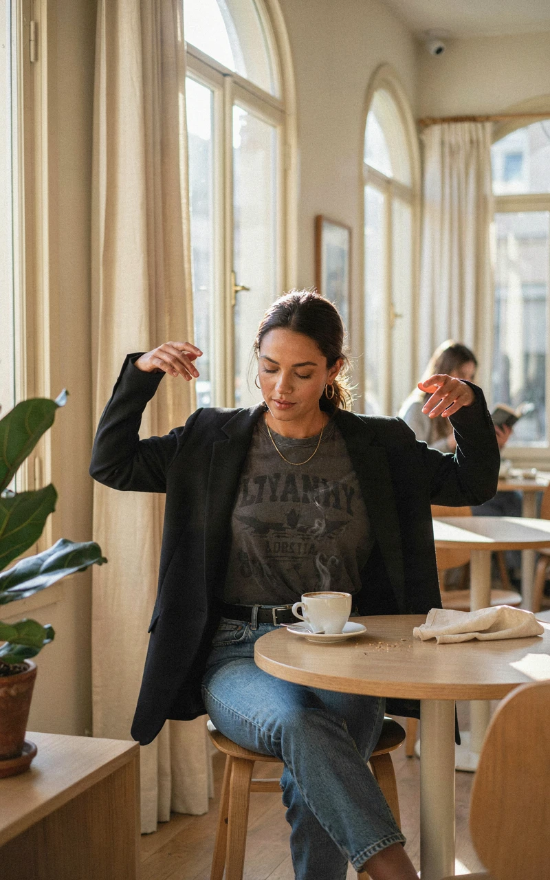 A dark brown woman putting a black blazer on over a charcoal graphic t-shirt at a cafe table.