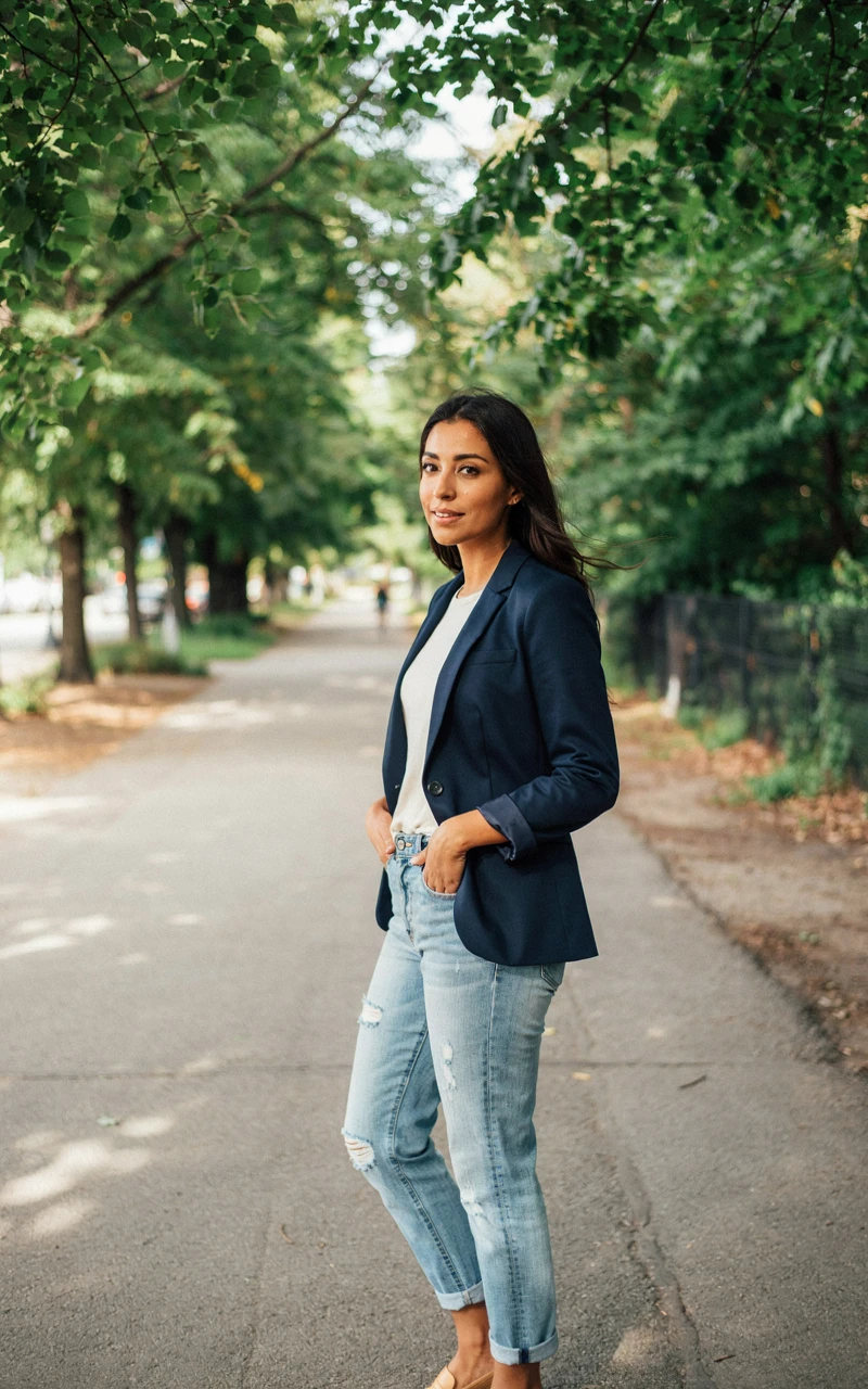 A dark brown woman wearing a navy blazer paired with light-wash distressed boyfriend jeans in a park.