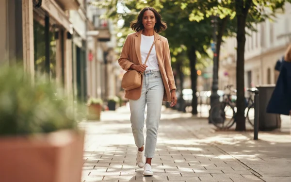 A stylish dark brown woman wearing one of our favorite casual blazer outfits with a white tee and jeans.