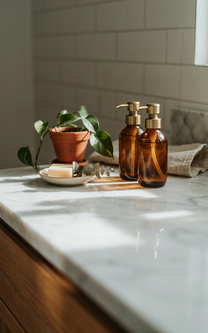 21 Cozy Bathroom Ideas for Fall That Feel Warm and Inviting 2 Two amber glass soap dispensers on a white bathroom counter.