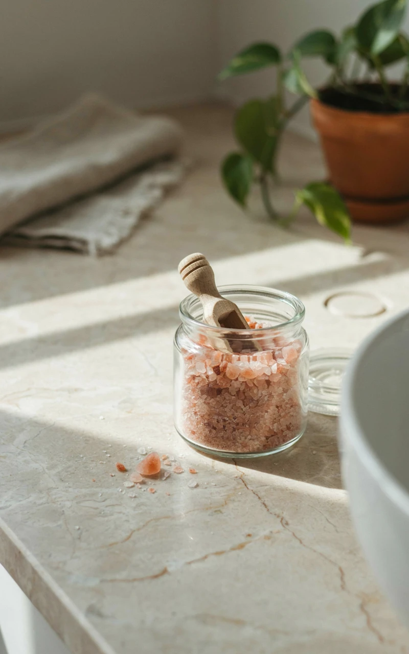 21 Cozy Bathroom Ideas for Fall That Feel Warm and Inviting 11 A glass jar of pink bath salts with a wooden scoop on a counter.