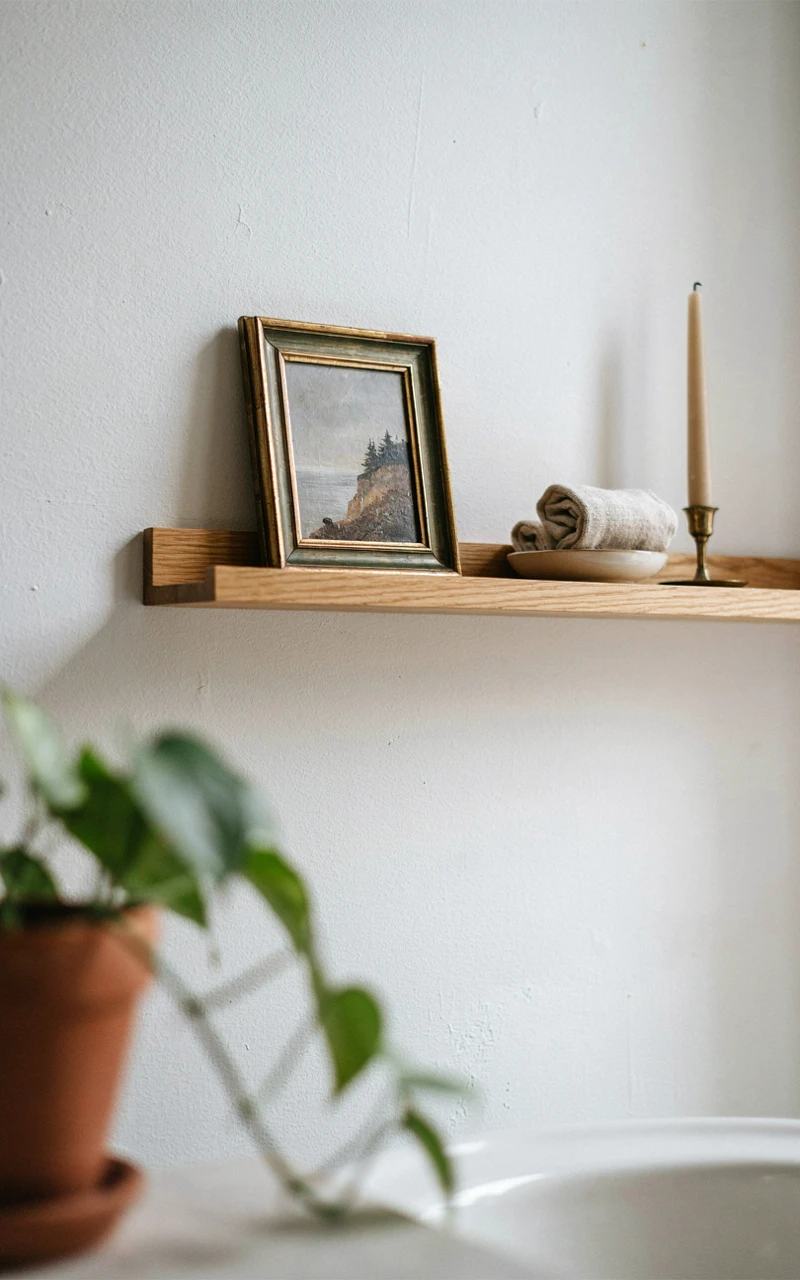 21 Cozy Bathroom Ideas for Fall That Feel Warm and Inviting 12 A small framed landscape painting leaning on a wooden bathroom shelf.