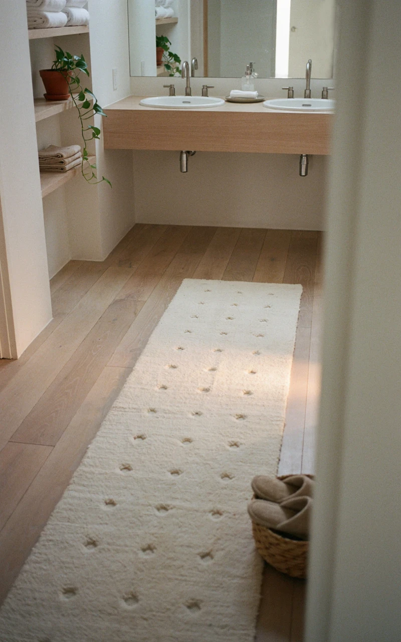 21 Cozy Bathroom Ideas for Fall That Feel Warm and Inviting 13 A cream tufted runner rug on the floor in front of a bathroom vanity.