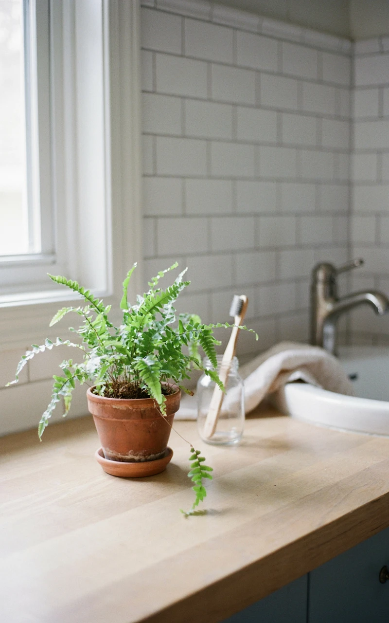 21 Cozy Bathroom Ideas for Fall That Feel Warm and Inviting 14 A small potted fern sitting next to a white bathroom sink.