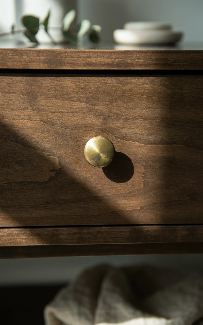 21 Cozy Bathroom Ideas for Fall That Feel Warm and Inviting 15 A close-up of a brass cabinet knob on a dark wood bathroom vanity.