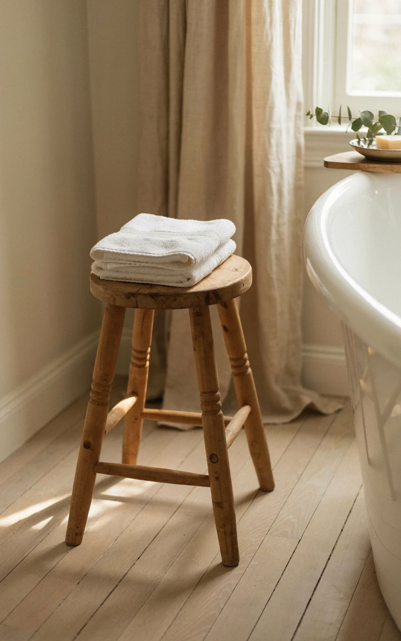 21 Cozy Bathroom Ideas for Fall That Feel Warm and Inviting 16 A rustic wooden stool holding a folded towel next to a bathtub.