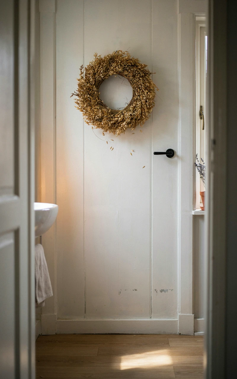 21 Cozy Bathroom Ideas for Fall That Feel Warm and Inviting 17 A wreath of dried golden wheat hanging on a white bathroom door.