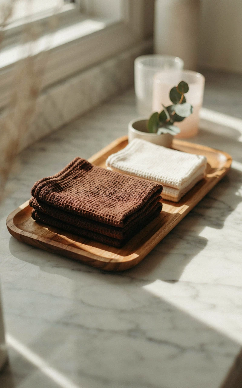 21 Cozy Bathroom Ideas for Fall That Feel Warm and Inviting 18 Folded brown and cream washcloths stacked on a wooden tray.