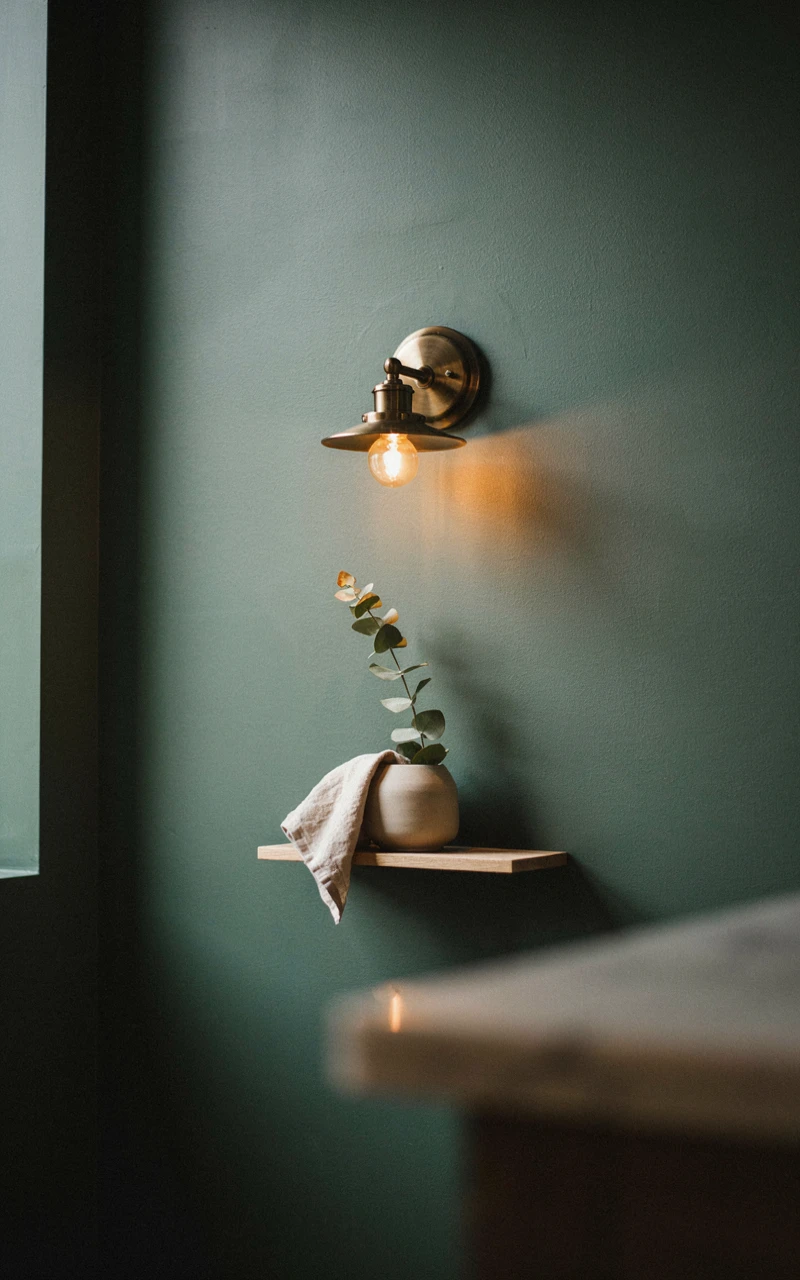 21 Cozy Bathroom Ideas for Fall That Feel Warm and Inviting 19 A brass wall sconce glowing warmly against a dark green bathroom wall.