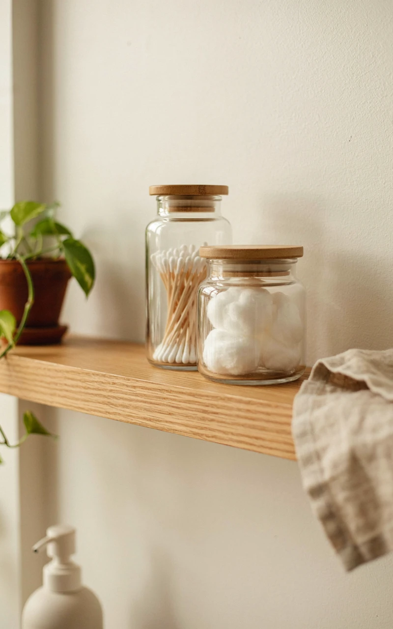 21 Cozy Bathroom Ideas for Fall That Feel Warm and Inviting 20 Glass apothecary jars filled with cotton swabs and balls on a shelf.