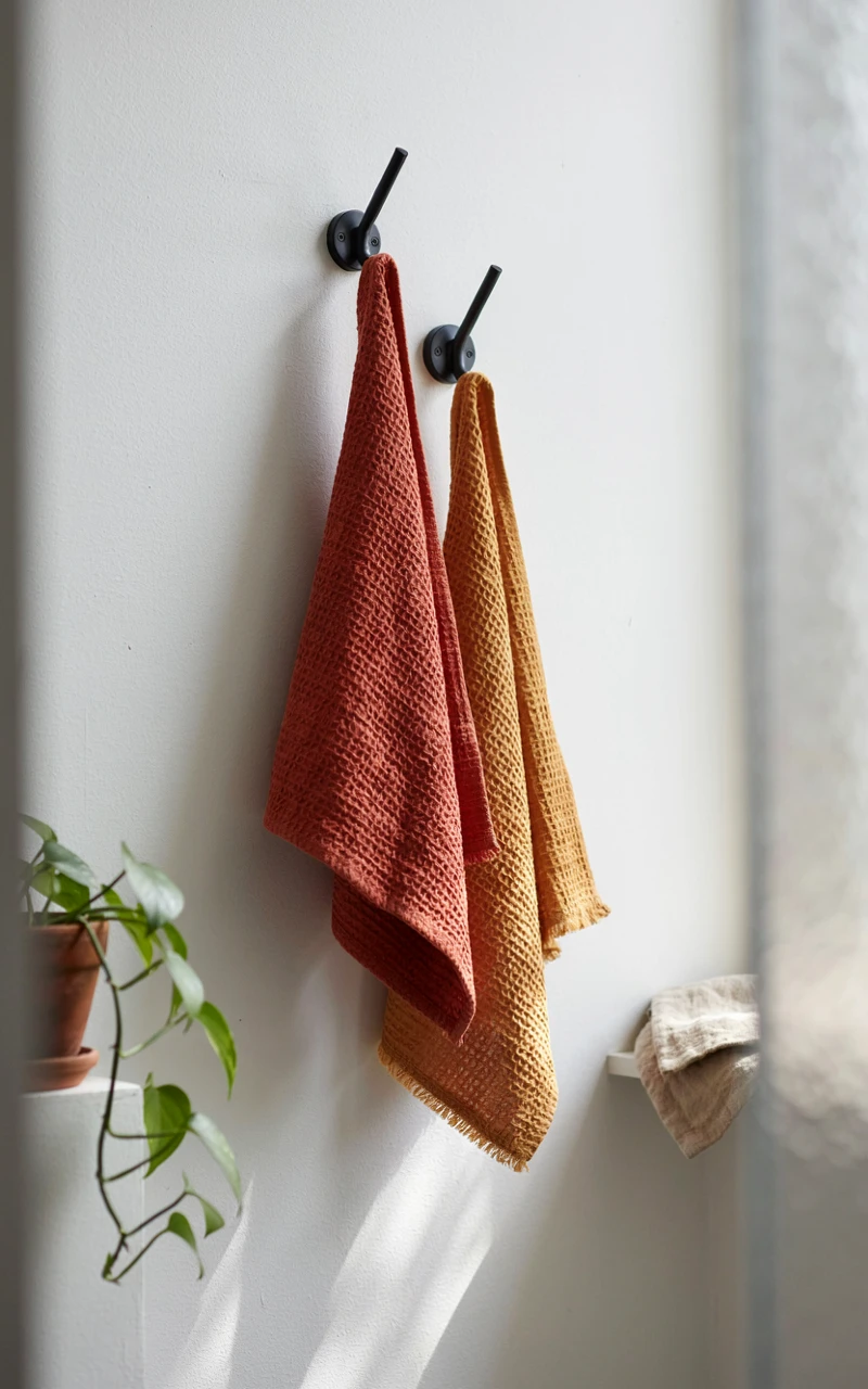 21 Cozy Bathroom Ideas for Fall That Feel Warm and Inviting 3 Rust and mustard yellow waffle-knit towels hanging on black bathroom hooks.