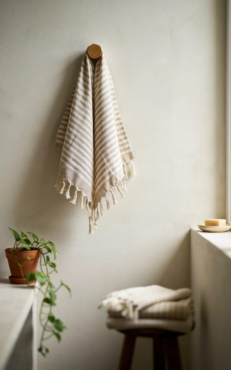 21 Cozy Bathroom Ideas for Fall That Feel Warm and Inviting 21 A beige and white striped Turkish towel hanging on a wooden peg hook.