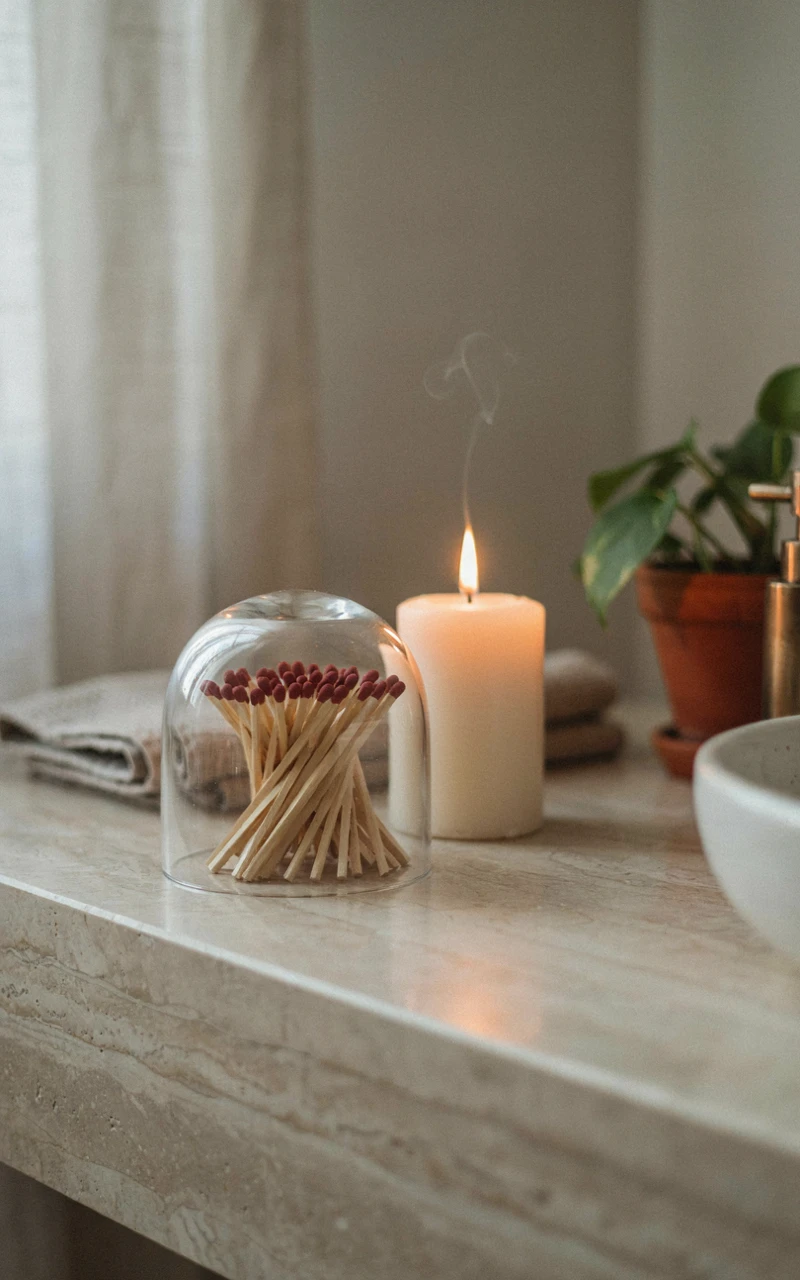 21 Cozy Bathroom Ideas for Fall That Feel Warm and Inviting 22 A glass match cloche sitting next to a lit candle on a bathroom counter.