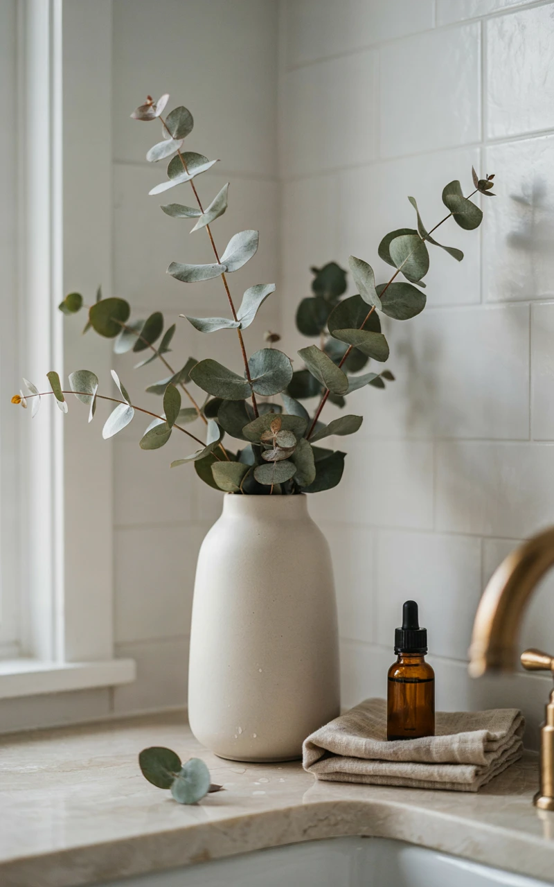 21 Cozy Bathroom Ideas for Fall That Feel Warm and Inviting 5 Dried eucalyptus branches in a ceramic vase on a bathroom counter.