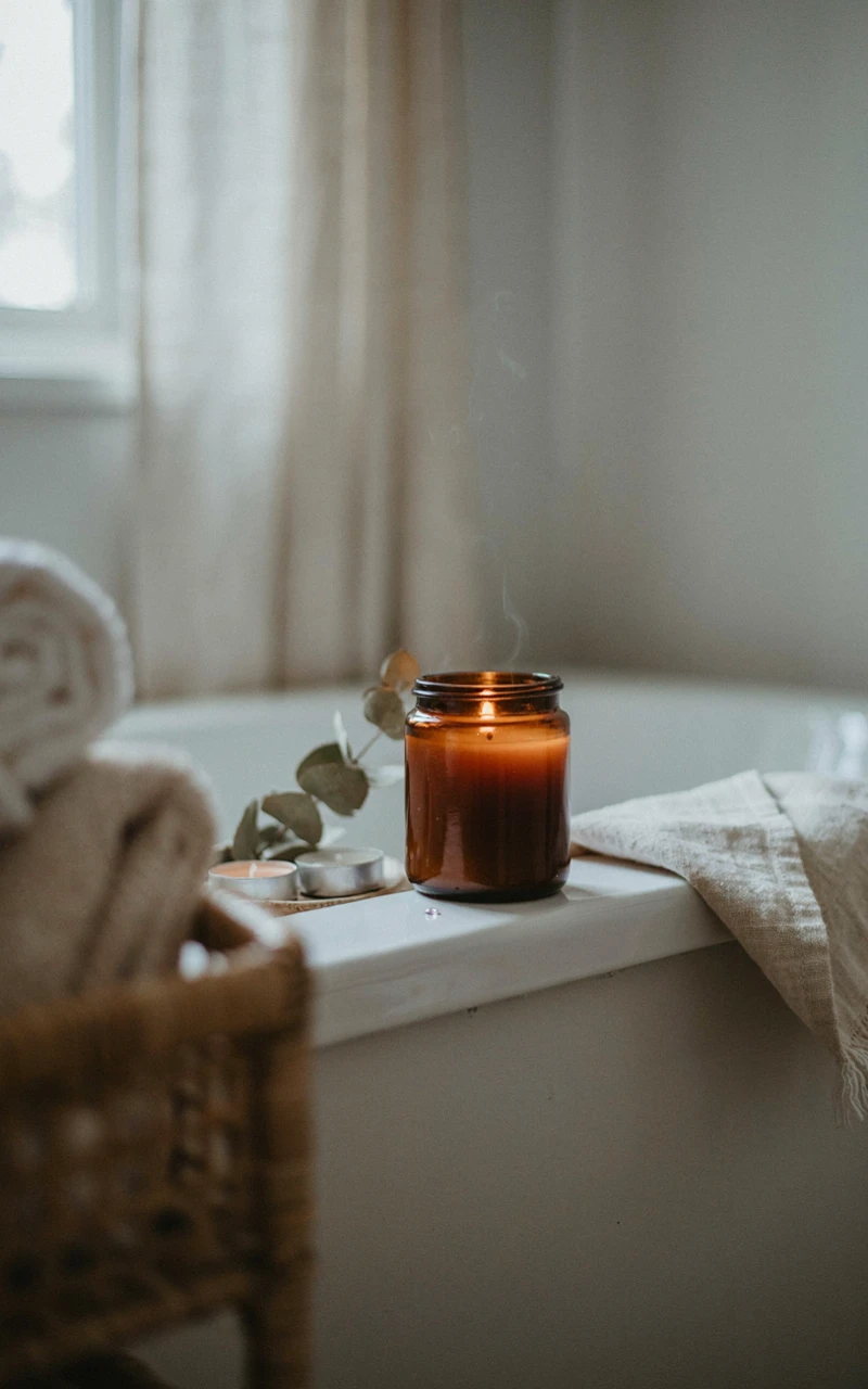 21 Cozy Bathroom Ideas for Fall That Feel Warm and Inviting 6 A lit candle in a brown glass jar sitting on the edge of a bathtub.