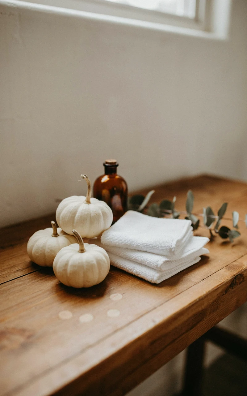 21 Cozy Bathroom Ideas for Fall That Feel Warm and Inviting 8 Three small white pumpkins sitting on a wooden bathroom shelf.