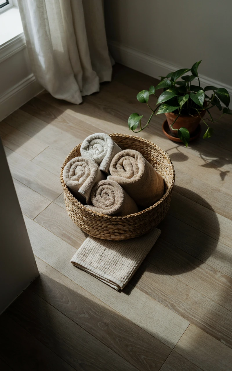 21 Cozy Bathroom Ideas for Fall That Feel Warm and Inviting 9 Beige bath towels rolled neatly in a woven seagrass basket.