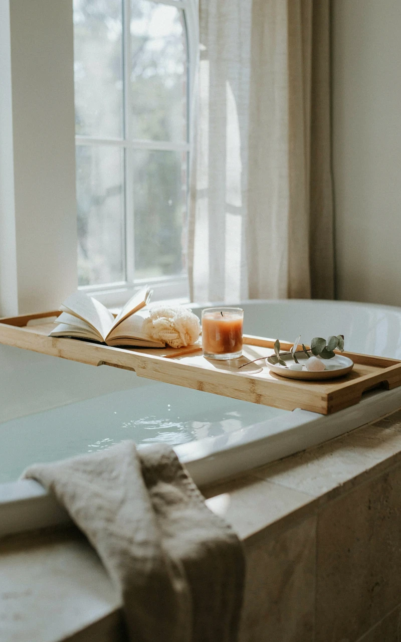 21 Cozy Bathroom Ideas for Fall That Feel Warm and Inviting 10 A wooden bath tray holding a book and a candle across a white bathtub.