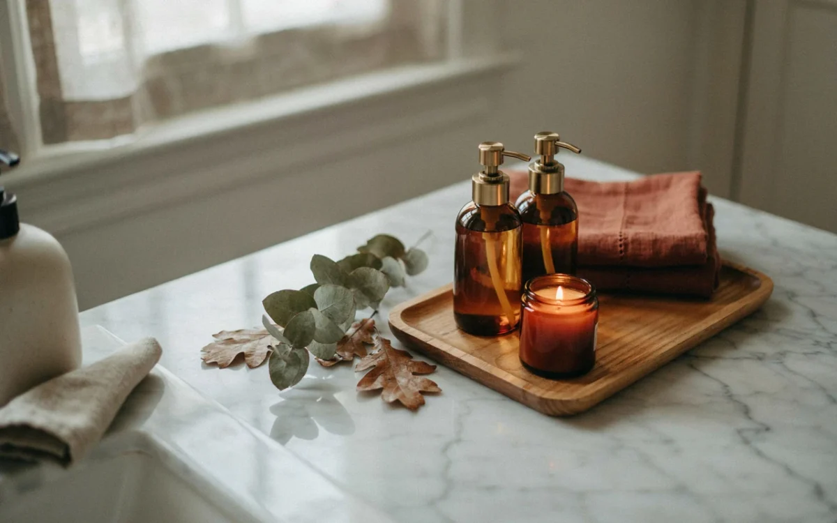 A wooden tray with amber glass bottles and a lit candle showcasing cozy bathroom ideas for fall.