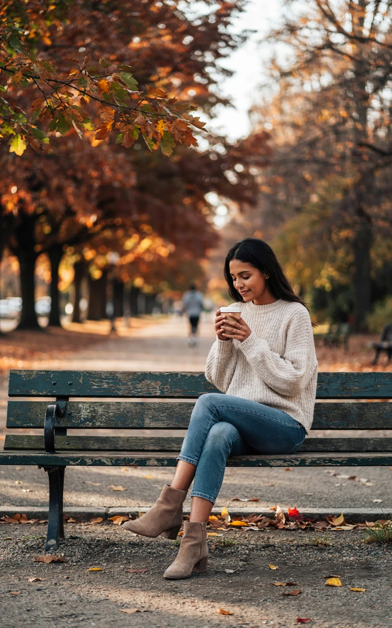 A dark brown woman wearing a cream oversized knit sweater and straight-leg blue jeans holding a coffee cup outdoors.