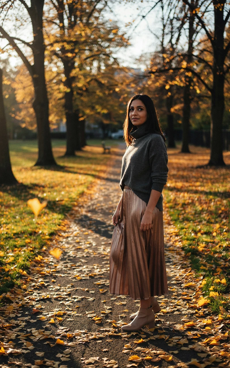 A dark brown woman wearing a slouchy grey turtleneck sweater and a bronze pleated midi skirt in a park.