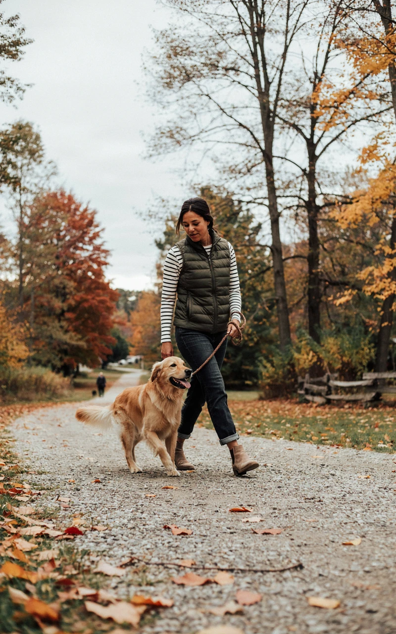 A dark brown woman wearing an olive quilted vest over a striped long-sleeve tee walking a dog.