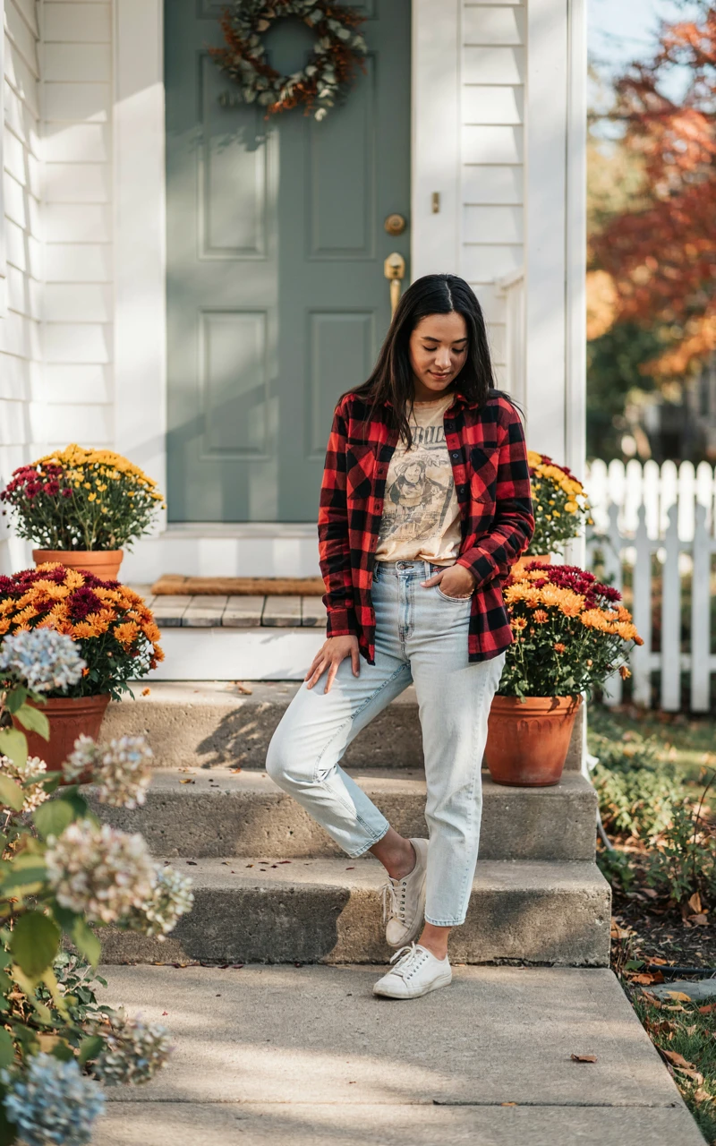 A dark brown woman wearing a red flannel shirt open over a graphic tee and jeans sitting on front steps.
