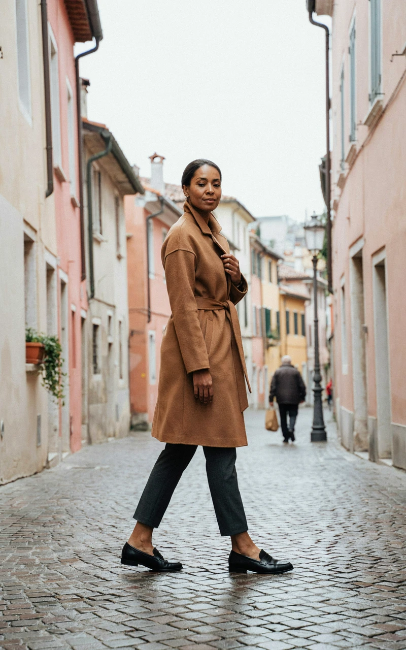 A dark brown woman wearing a belted camel wool coat and charcoal trousers crossing a street.