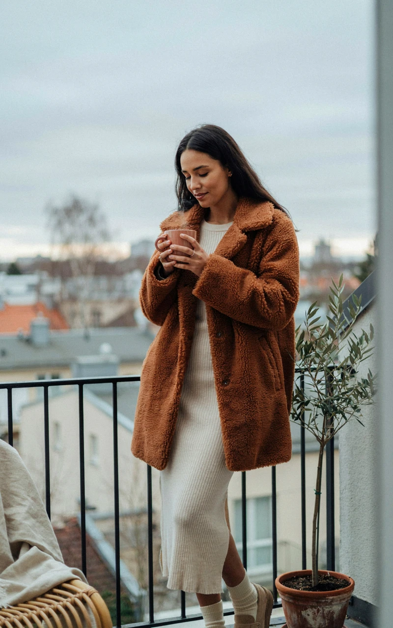 A dark brown woman wearing a fluffy brown teddy bear coat over a cream knit dress holding a mug.