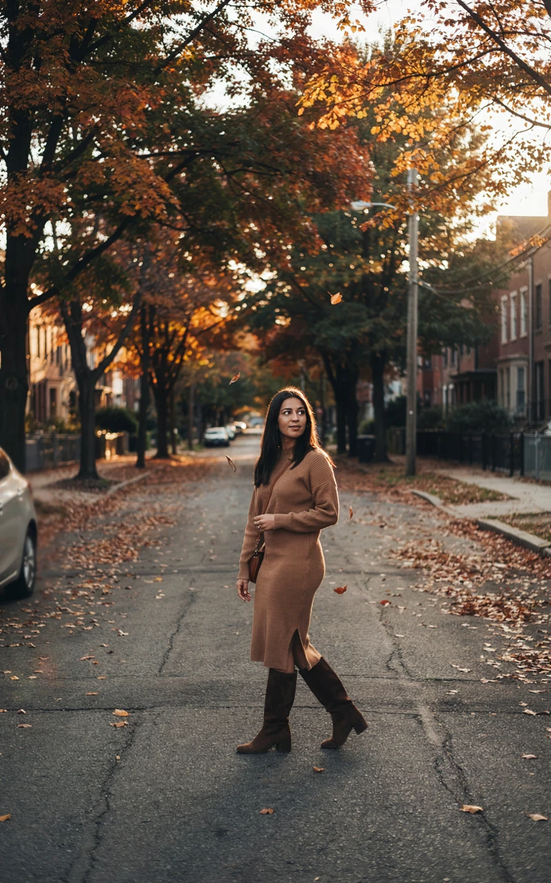 A dark brown woman wearing a camel midi sweater dress and brown suede knee-high boots walking on a sidewalk.