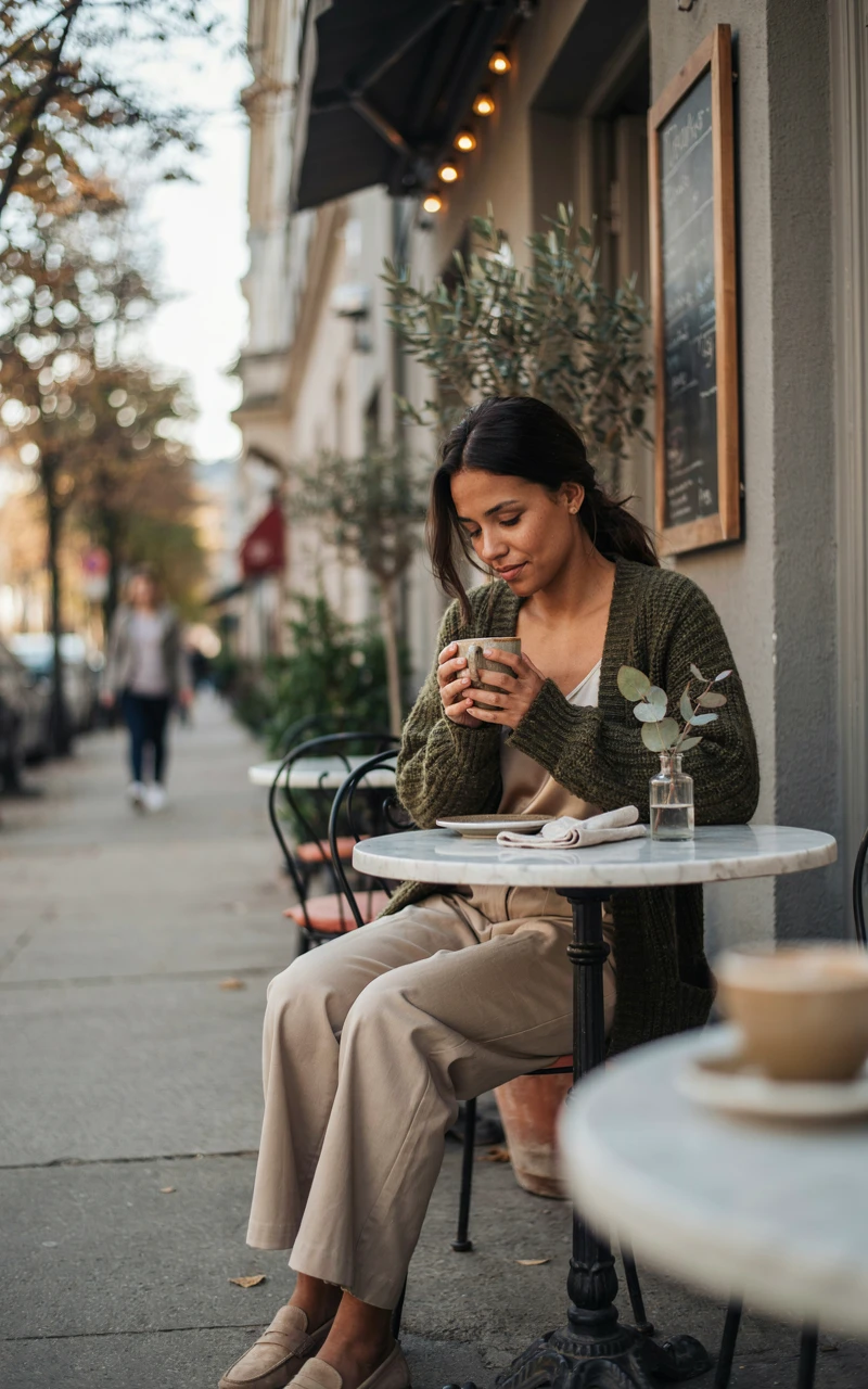 A dark brown woman wearing an olive green chunky cardigan and beige wide-leg trousers sitting at a cafe table.
