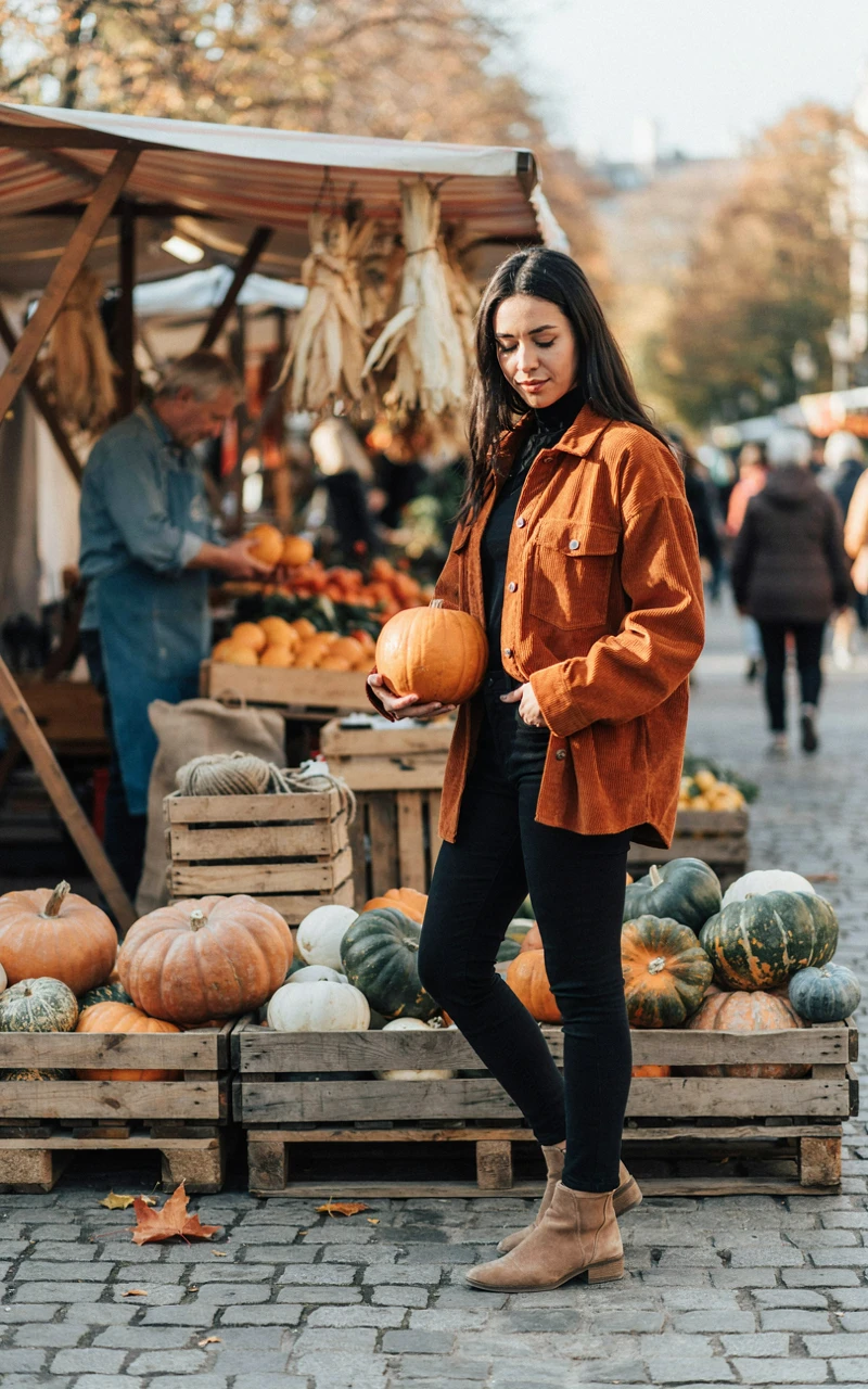 A dark brown woman wearing an orange corduroy shacket over a black turtleneck standing near pumpkins.