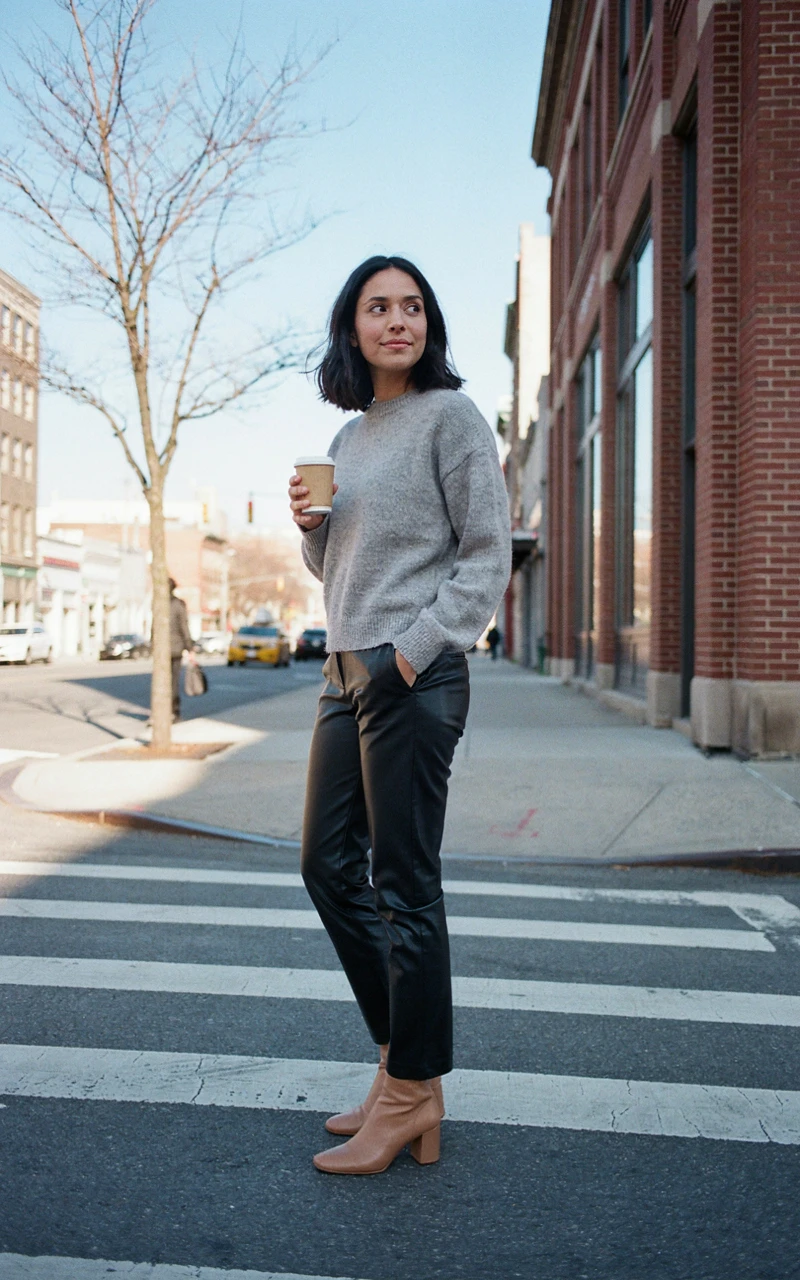 A dark brown woman wearing a grey cashmere crewneck sweater and black faux leather pants on a city street.