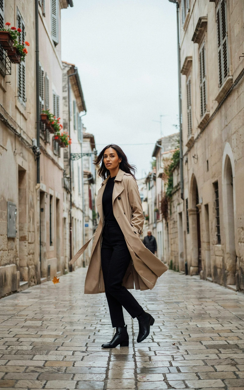 A dark brown woman wearing a long beige trench coat over a black top and black trousers.