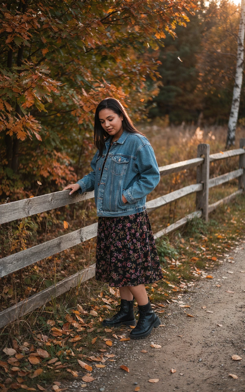 A dark brown woman wearing a blue denim jacket over a dark floral midi skirt and combat boots.