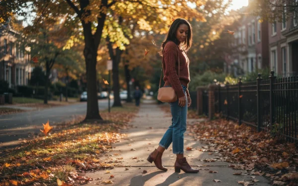 A dark brown woman wearing one of our favorite cute fall outfits for women featuring a cozy knit sweater and jeans.