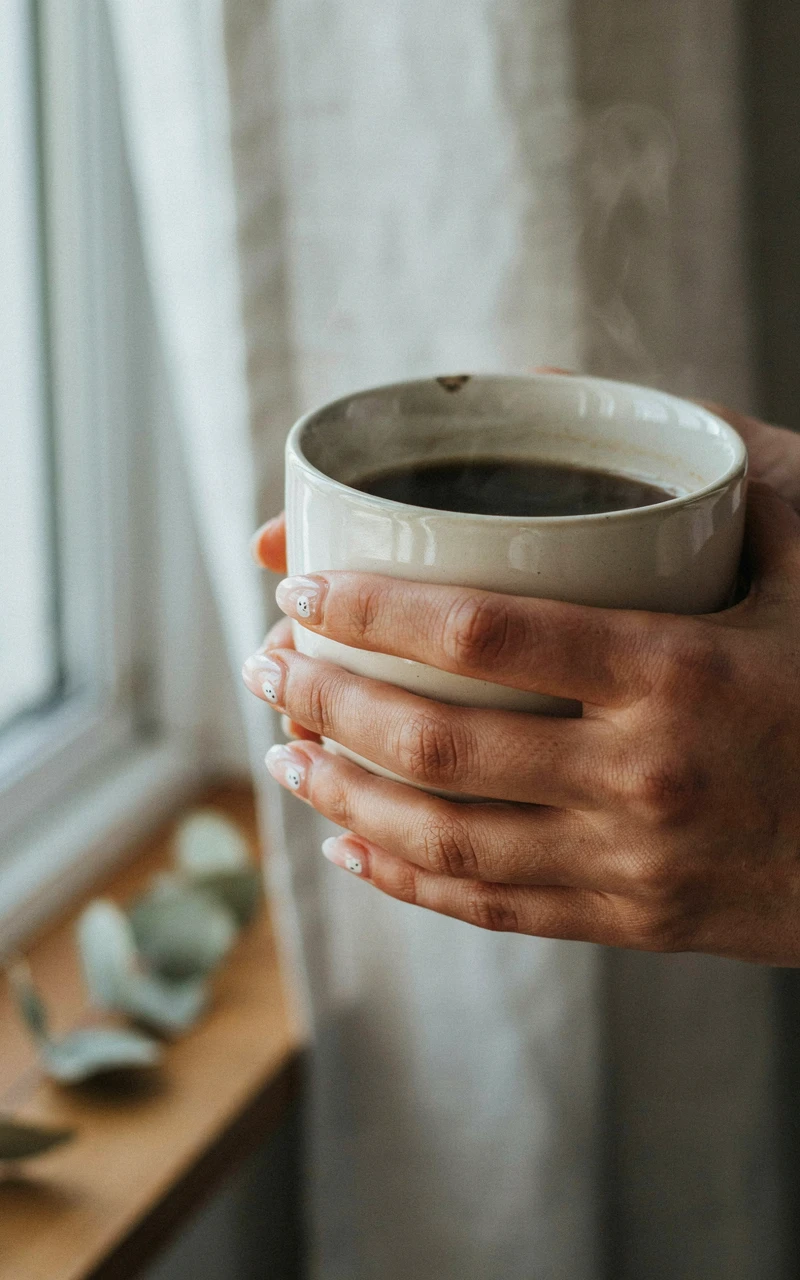 A dark brown woman's hand holding a mug, displaying nude almond nails with small white ghosts painted on them.