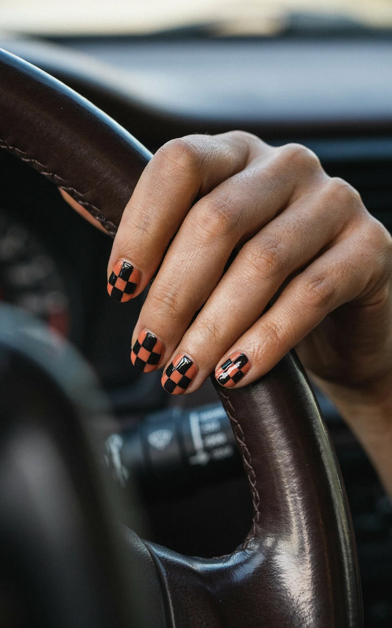 A dark brown woman's hand on a steering wheel showing trendy black and burnt orange checkered nails.