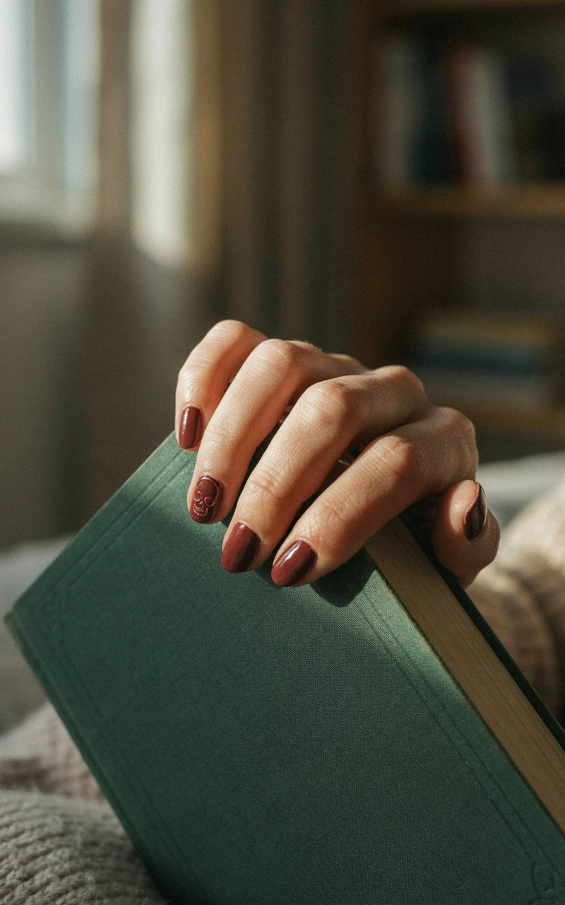 A dark brown woman's hand holding a book, showing matte burgundy nails with a subtle glossy skull outline on the ring finger.