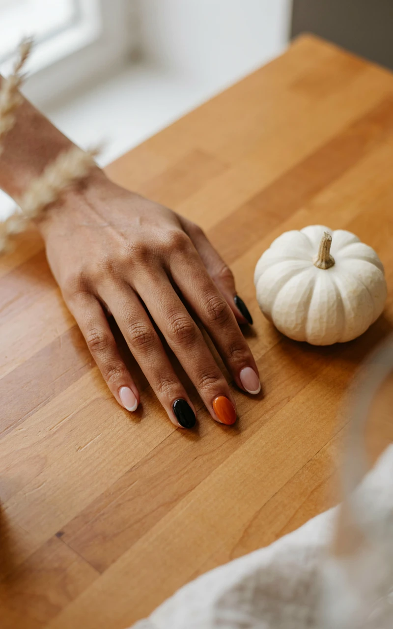 A dark brown woman's hand showing a French manicure with alternating black and burnt orange tips next to a small pumpkin.