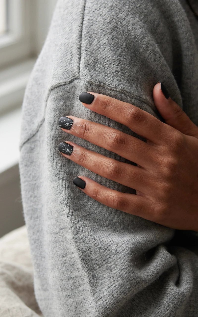 A dark brown woman's hand resting on a gray scarf with matte black nails and delicate white spiderwebs on the accent fingers.