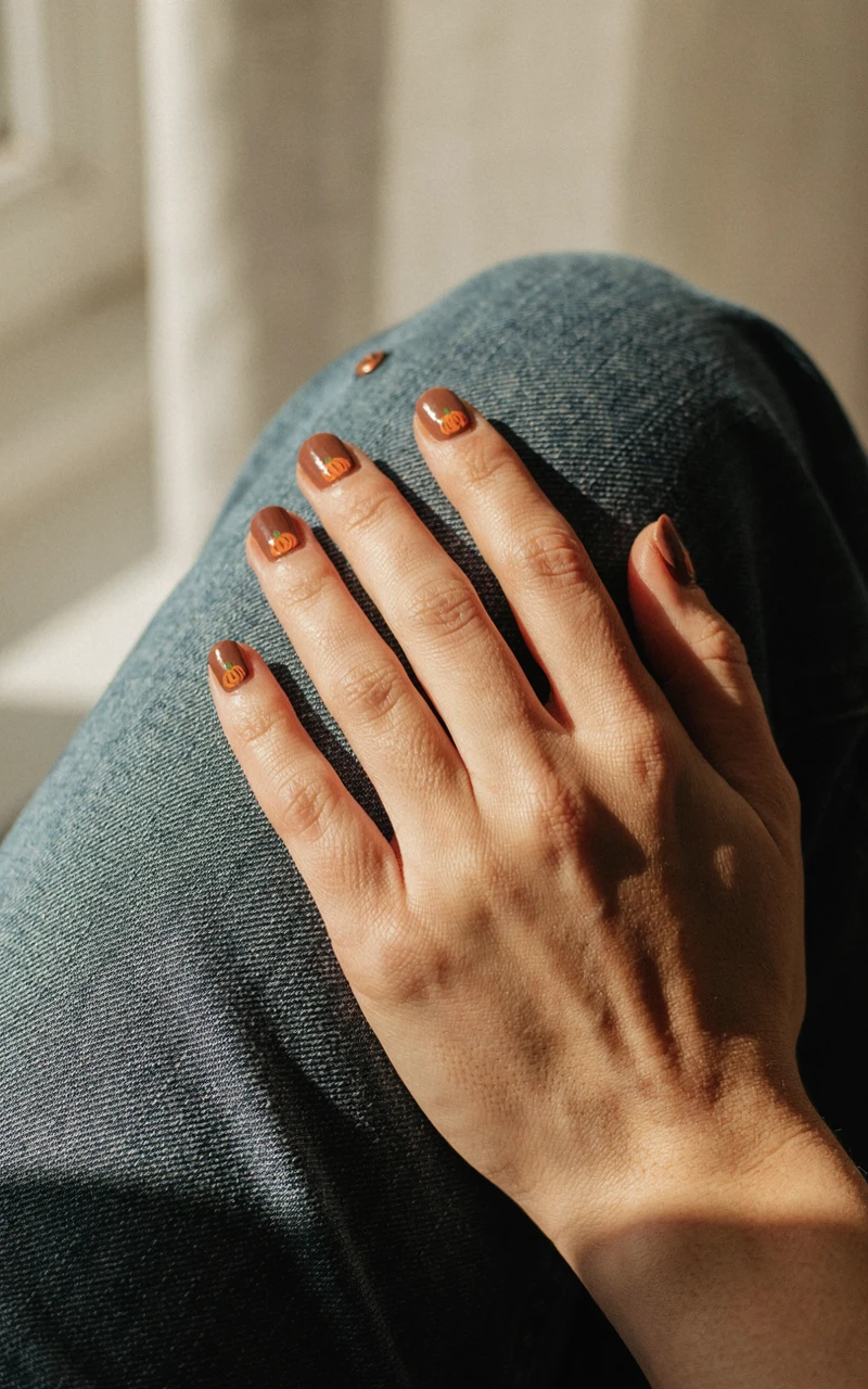A dark brown woman's hand resting on denim jeans, featuring matte brown nails with tiny orange pumpkins painted near the cuticles.